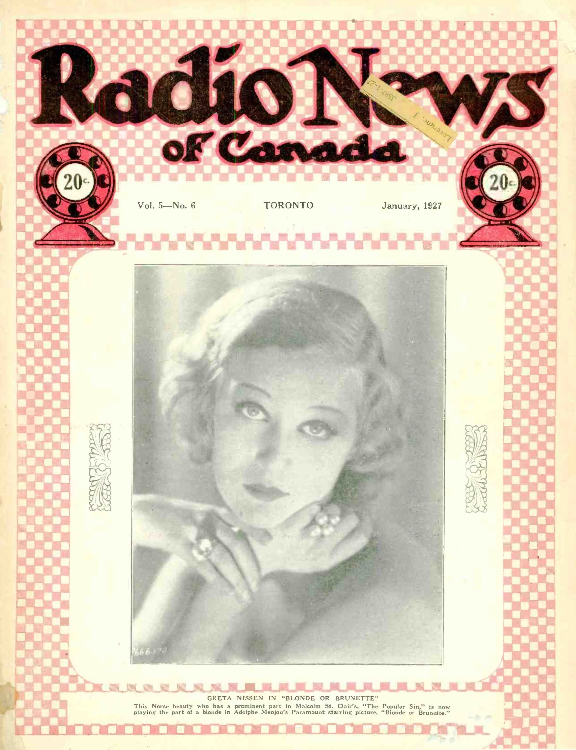 RADIO NEWS OF CANADA magazine side cover  Vol 5 No  6  January 1927