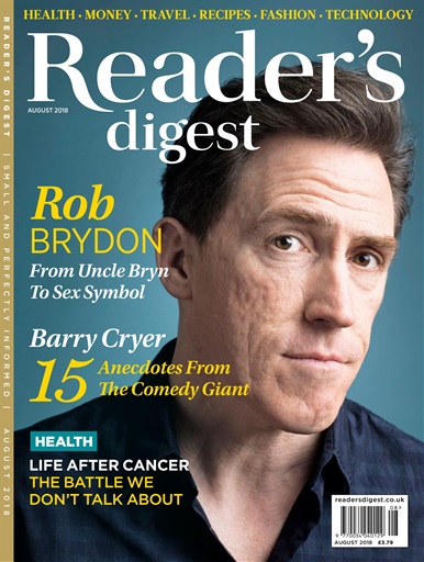 READERS DIGEST (UK) magazine side cover  August 2018