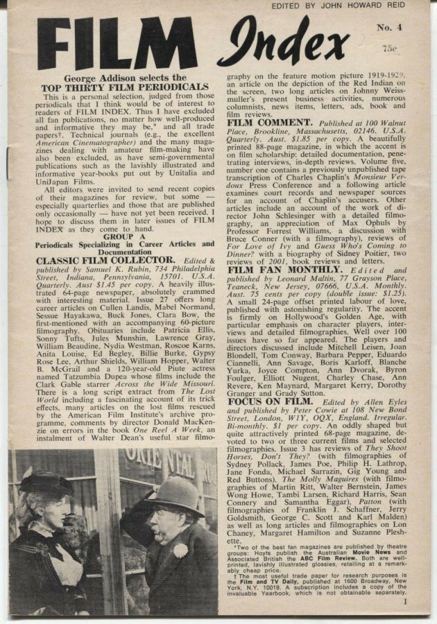 FILM INDEX magazine side cover Issue 4  1970