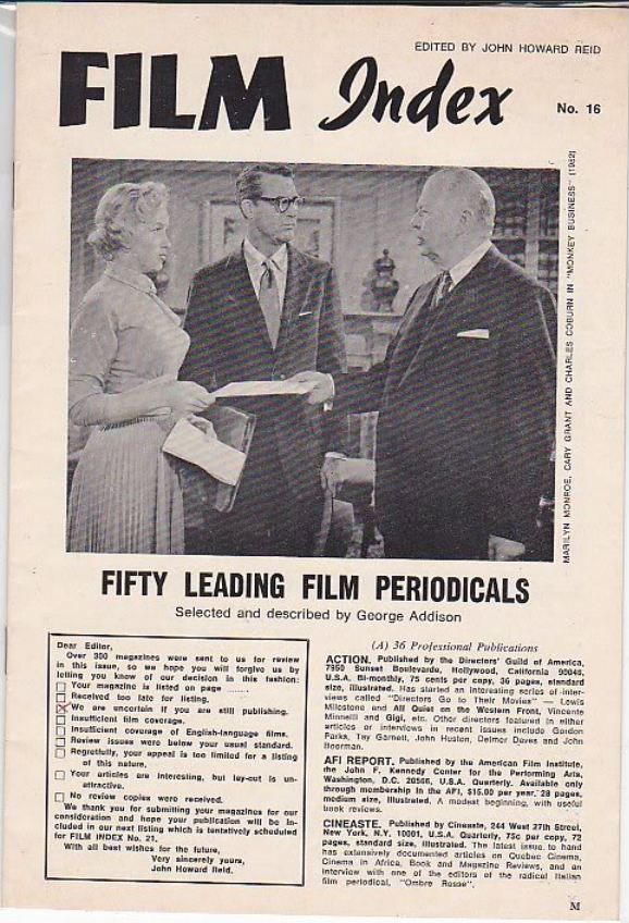 FILM INDEX magazine side cover Issue 16  1973