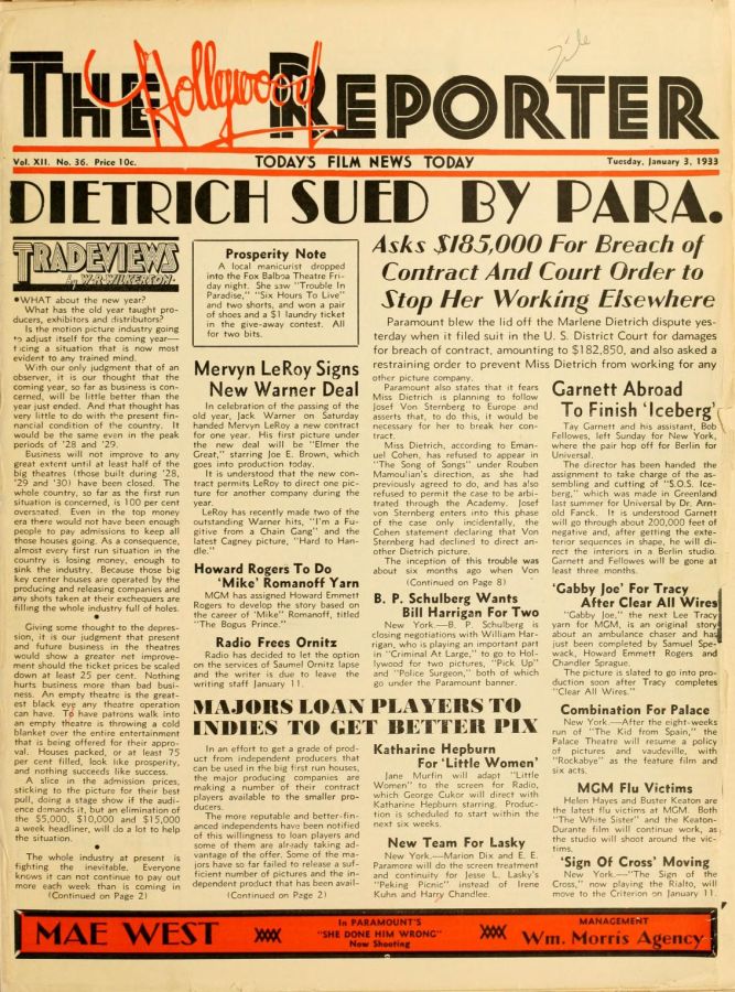 HOLLYWOOD REPORTER | THE magazine side cover 3 January 1933