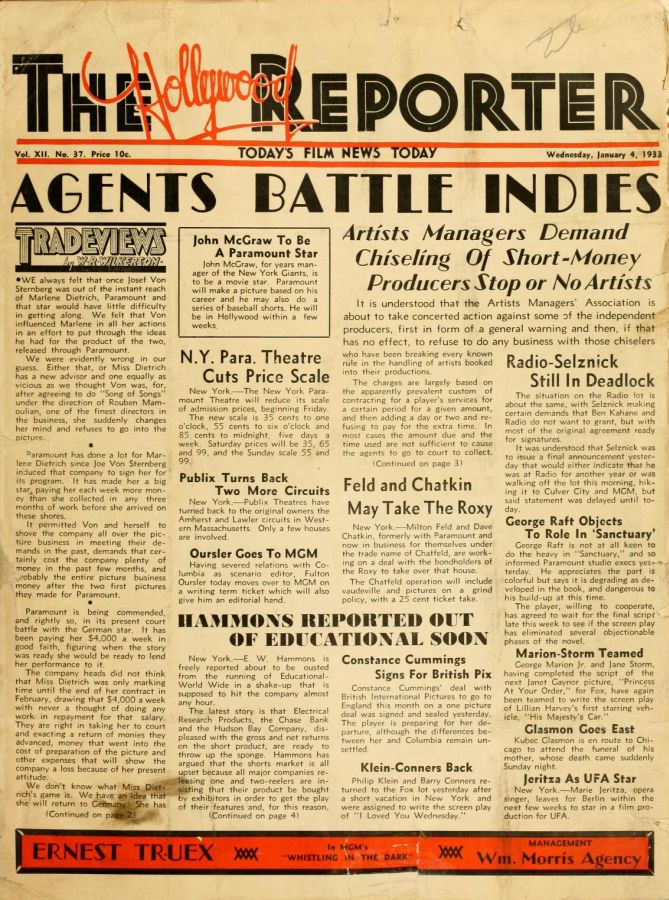 HOLLYWOOD REPORTER | THE magazine side cover 4 January 1933