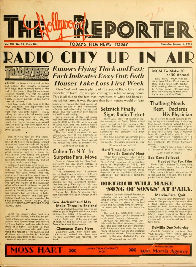 HOLLYWOOD REPORTER | THE magazine side cover 5 January 1933