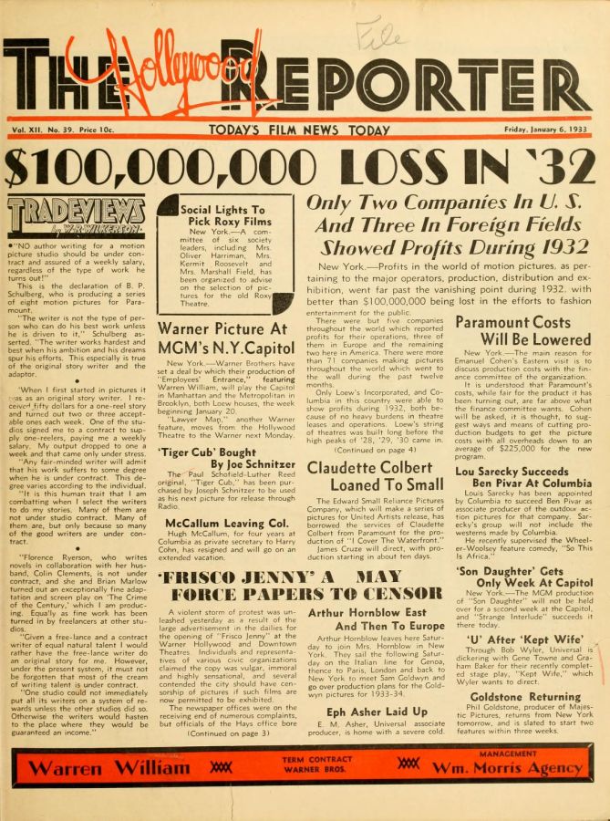 HOLLYWOOD REPORTER | THE magazine side cover 6 January 1933