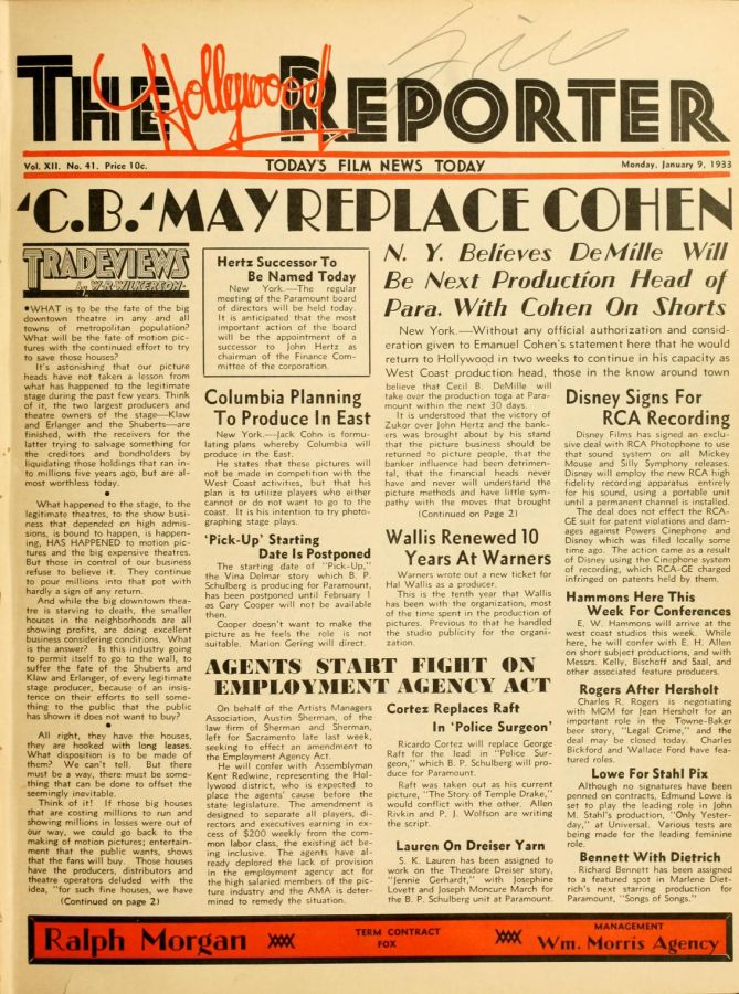 HOLLYWOOD REPORTER | THE magazine side cover 9 January 1933
