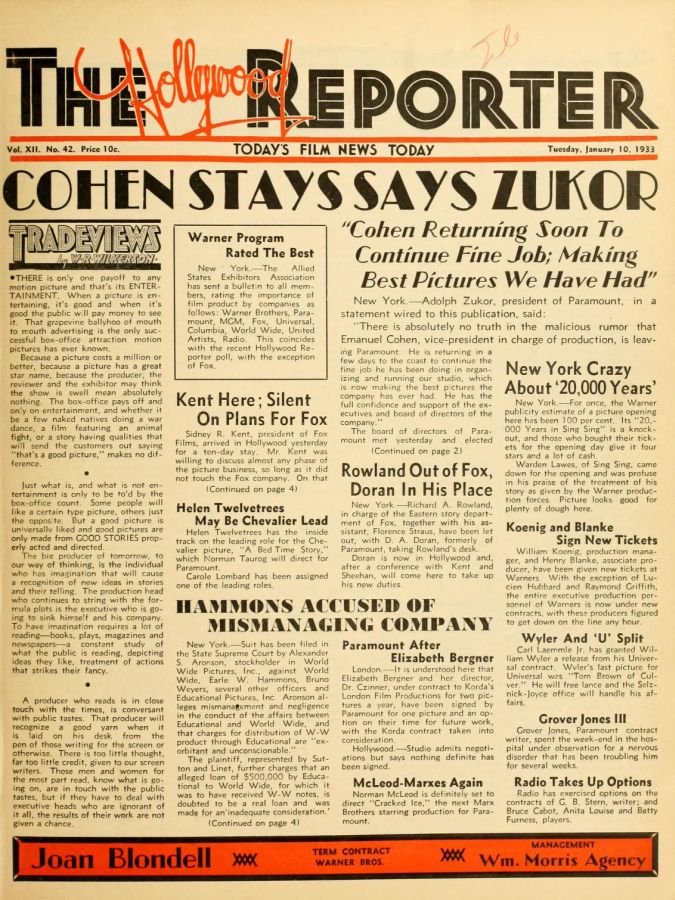HOLLYWOOD REPORTER | THE magazine side cover 10 January 1933