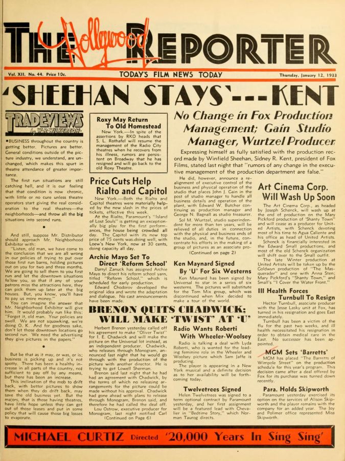 HOLLYWOOD REPORTER | THE magazine side cover 12 January 1933