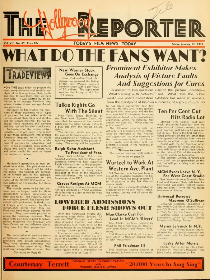 HOLLYWOOD REPORTER | THE magazine side cover 13 January 1933