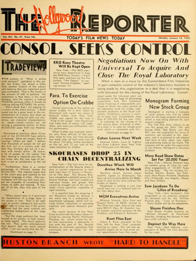 HOLLYWOOD REPORTER | THE magazine side cover 16 January 1933