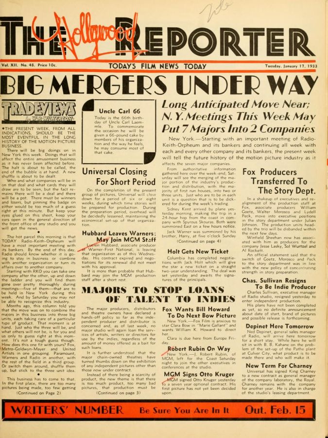 HOLLYWOOD REPORTER | THE magazine side cover 17 January 1933