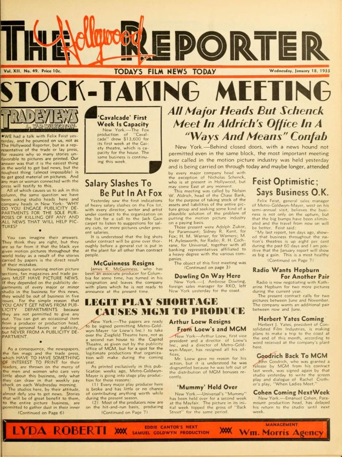 HOLLYWOOD REPORTER | THE magazine side cover 18 January 1933