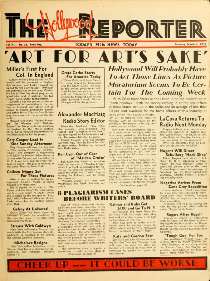 HOLLYWOOD REPORTER | THE magazine side cover 4 March 1933