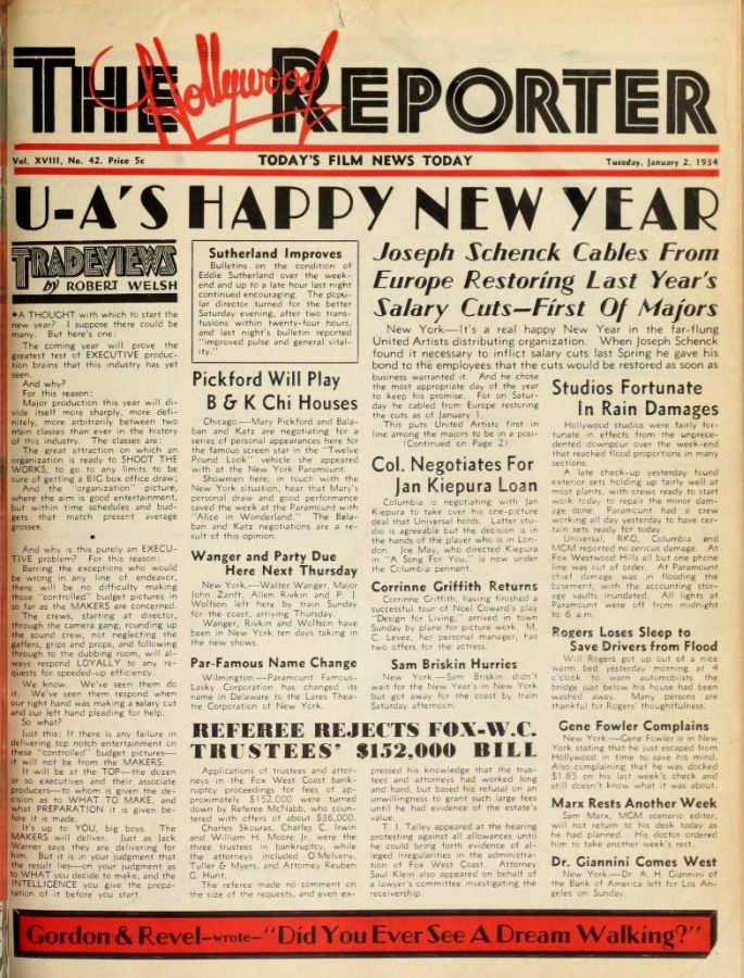 HOLLYWOOD REPORTER | THE magazine side cover 2 January 1934