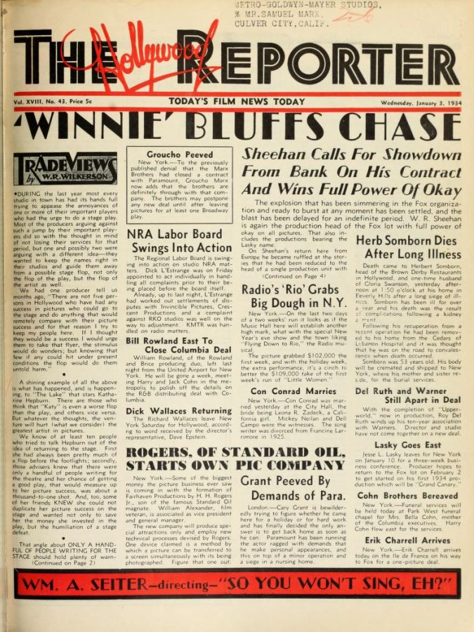 HOLLYWOOD REPORTER | THE magazine side cover 3 January 1934
