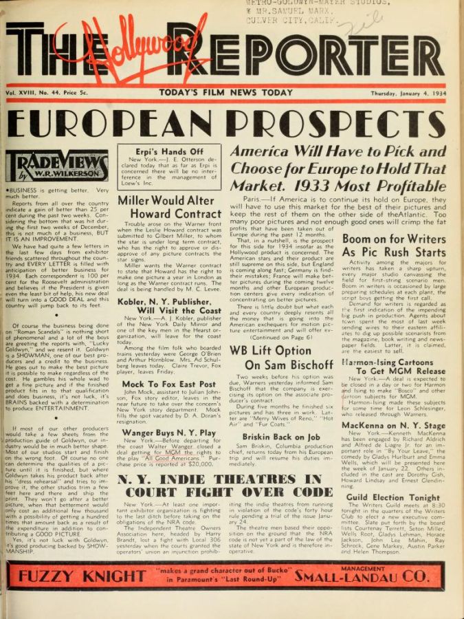 HOLLYWOOD REPORTER | THE magazine side cover 4 January 1934