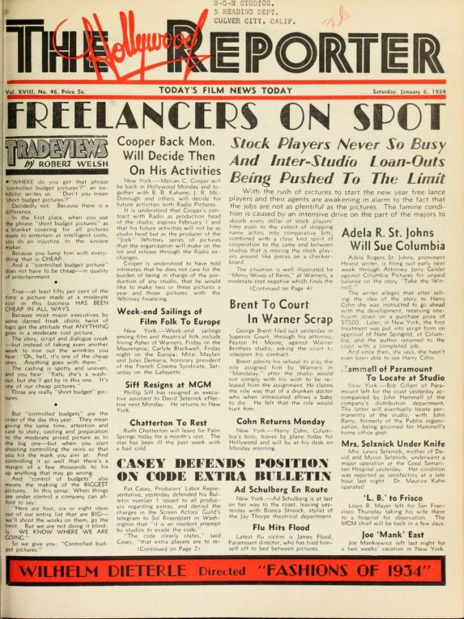 HOLLYWOOD REPORTER | THE magazine side cover 6 January 1934