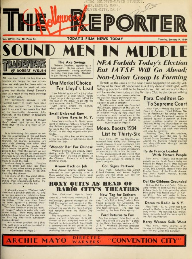 HOLLYWOOD REPORTER | THE magazine side cover 9 January 1934