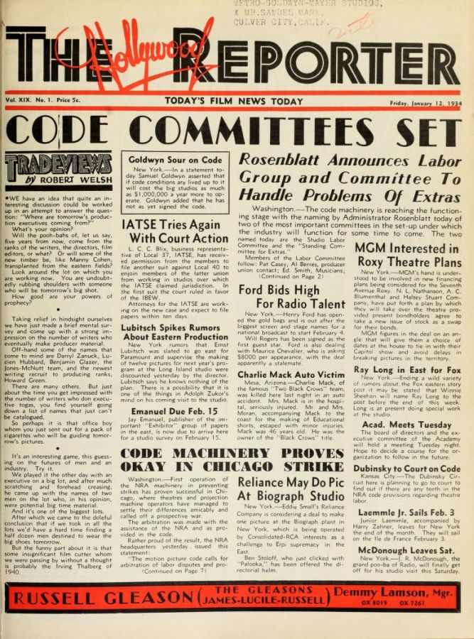 HOLLYWOOD REPORTER | THE magazine side cover 12 January 1934