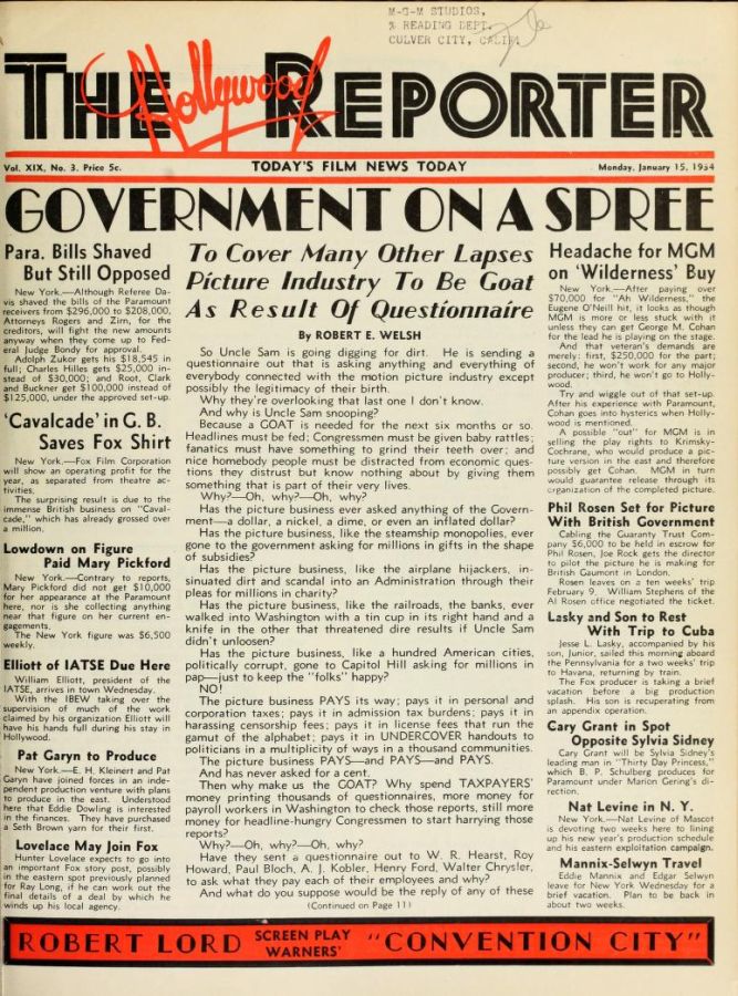 HOLLYWOOD REPORTER | THE magazine side cover 15 January 1934
