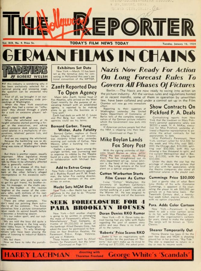 HOLLYWOOD REPORTER | THE magazine side cover 16 January 1934