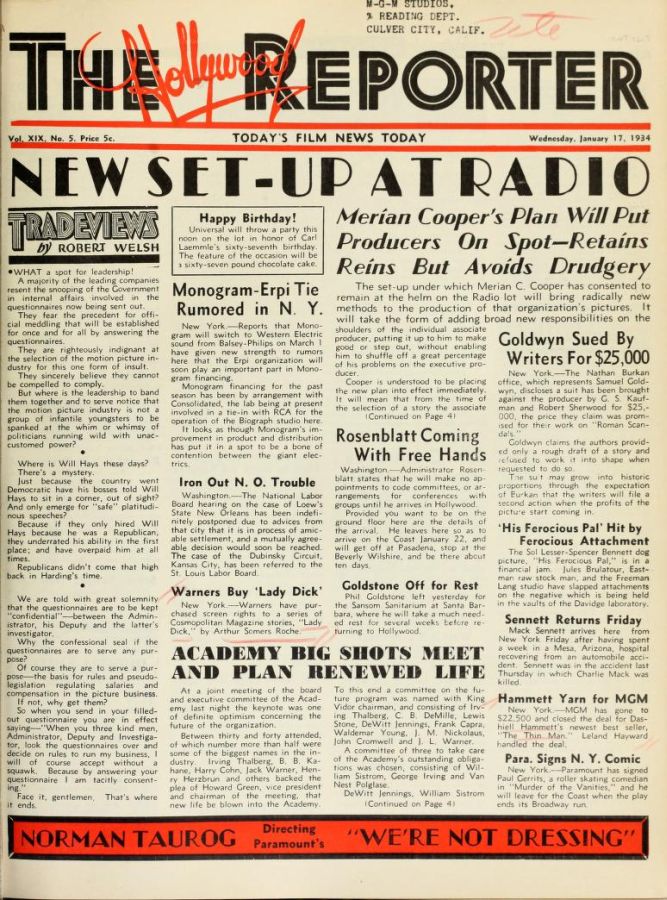 HOLLYWOOD REPORTER | THE magazine side cover 17 January 1934