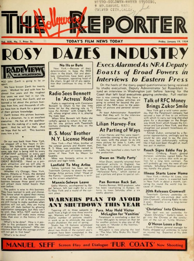 HOLLYWOOD REPORTER | THE magazine side cover 19 January 1934