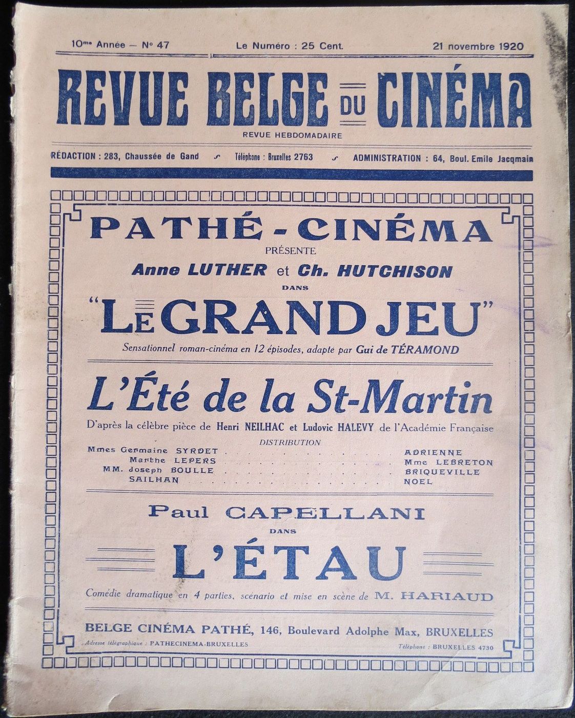 REVUE BELGE DU CINEMA 1911 magazine side cover Issue 47 21 November 1920