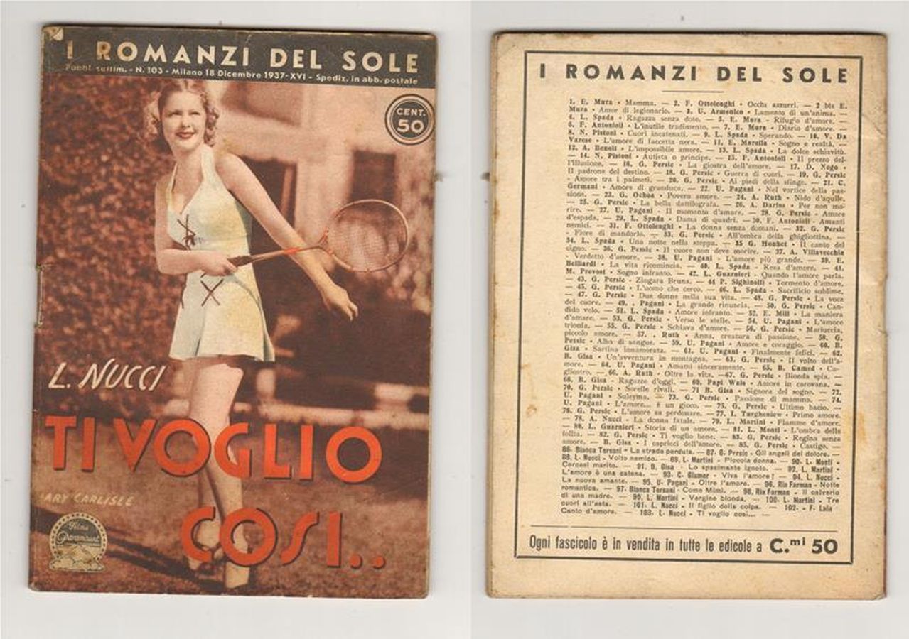 I ROMANZI DEL SOLE magazine side cover Issue 103 18 December 1937