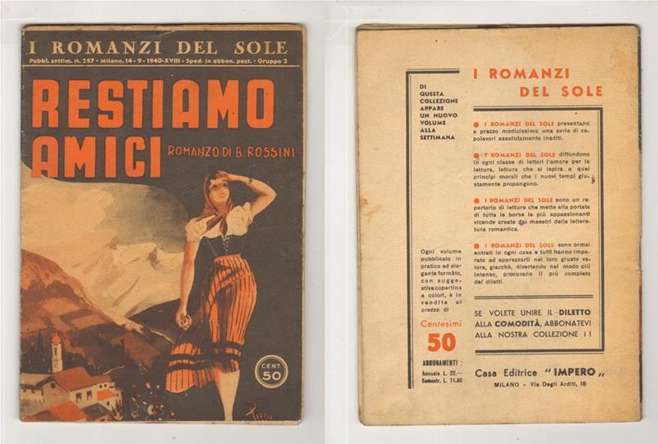 I ROMANZI DEL SOLE magazine side cover Issue 257 14 September 1940