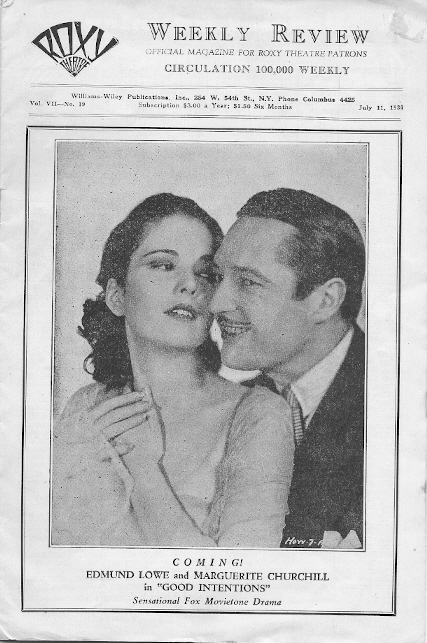 ROXY THEATRE magazine side cover 11 July 1930