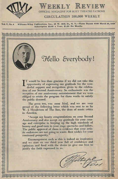 ROXY THEATRE magazine side cover 30 March 1929