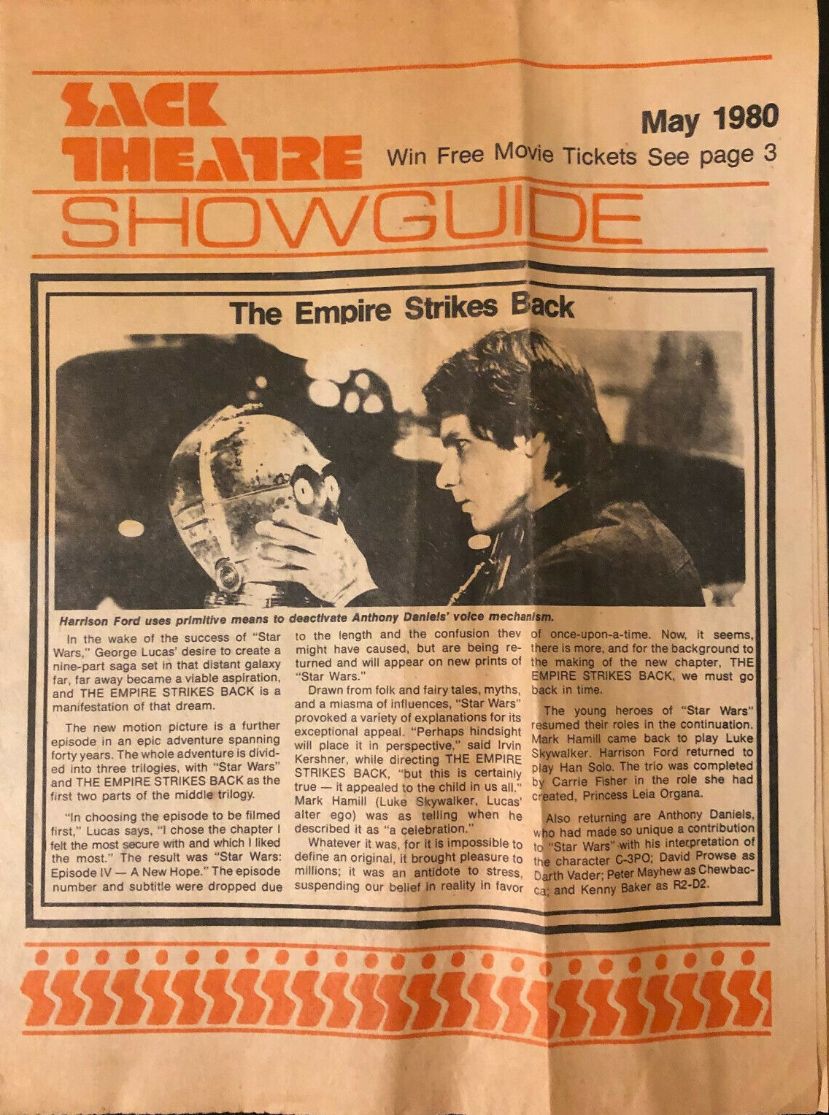 SACK THEATRE SHOWGUIDE magazine side cover  May 1980