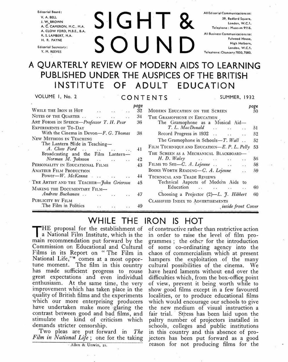 SIGHT AND SOUND (30s-90s) magazine side cover Issue 2  1932