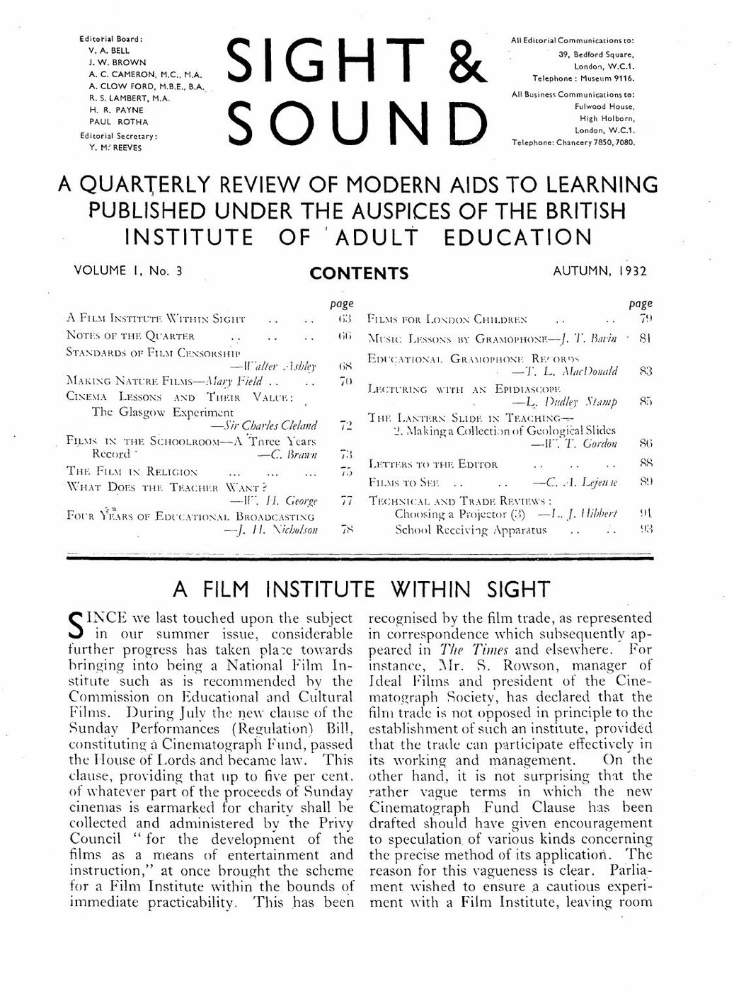 SIGHT AND SOUND (30s-90s) magazine side cover Issue 3 September 1932
