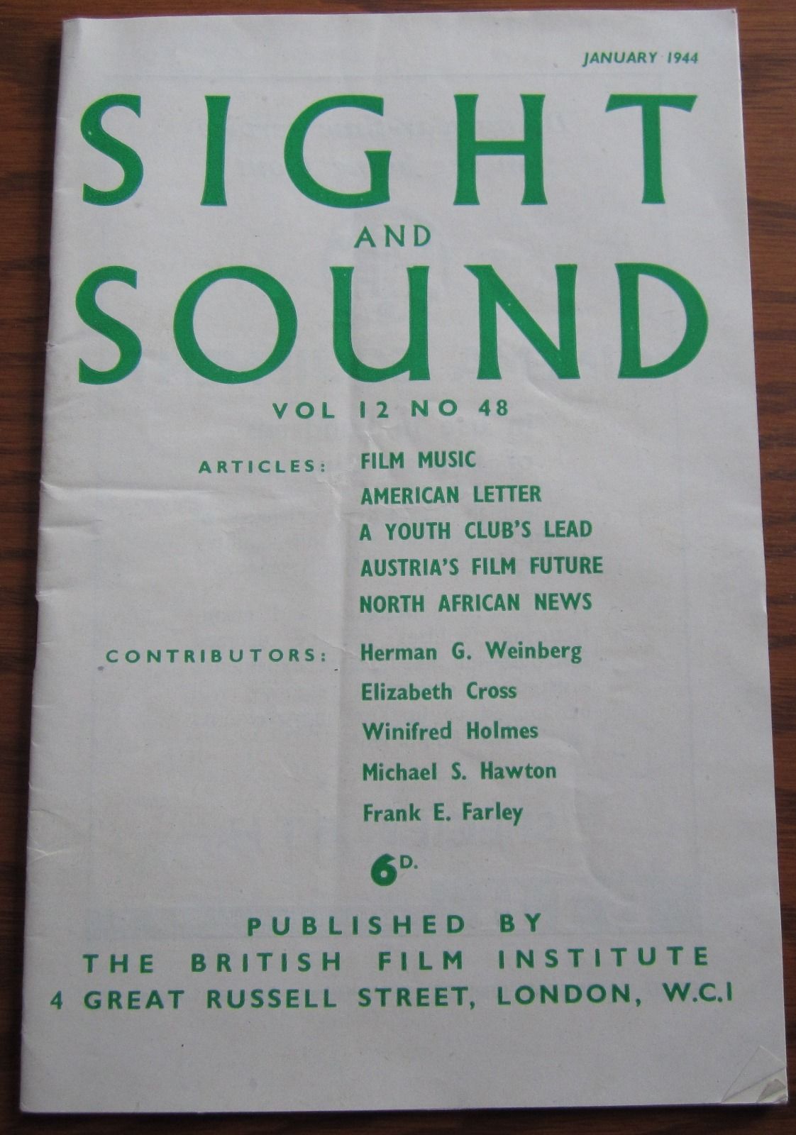 SIGHT AND SOUND (30s-90s) magazine side cover Issue 48 January/February/March/April 1944