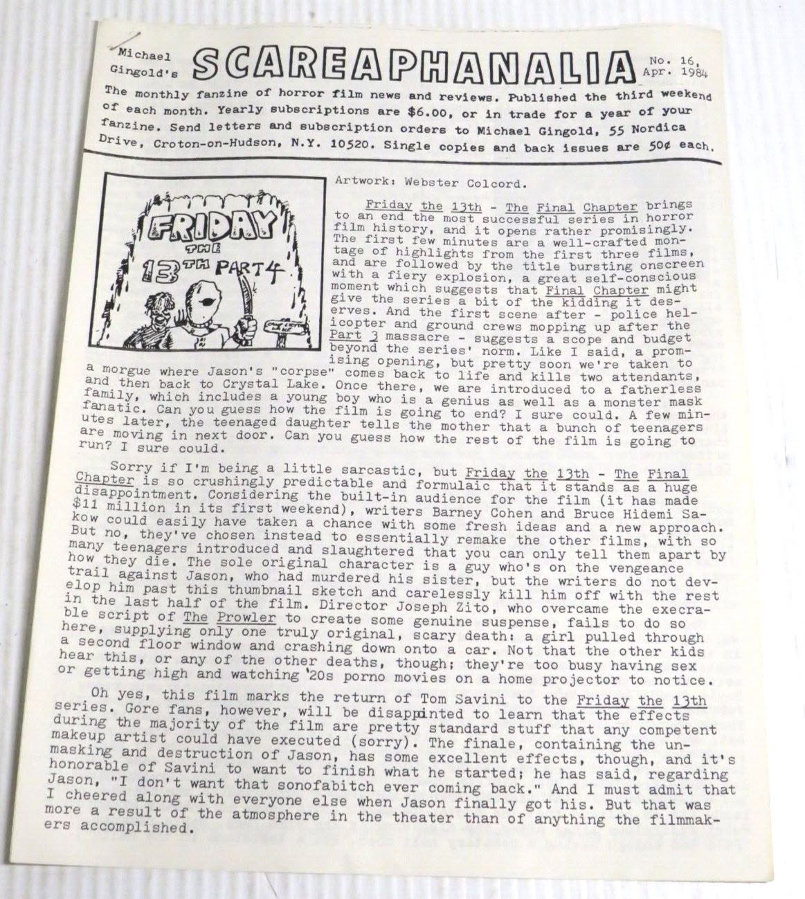SCAREAPHANALIA magazine side cover Issue 16  April 1984