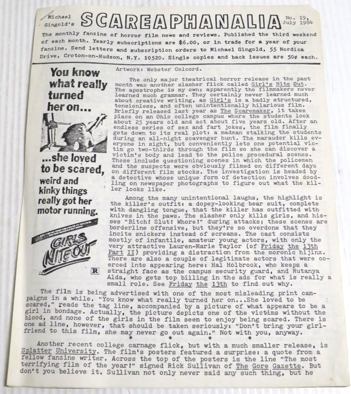 SCAREAPHANALIA magazine side cover Issue 19  July 1984