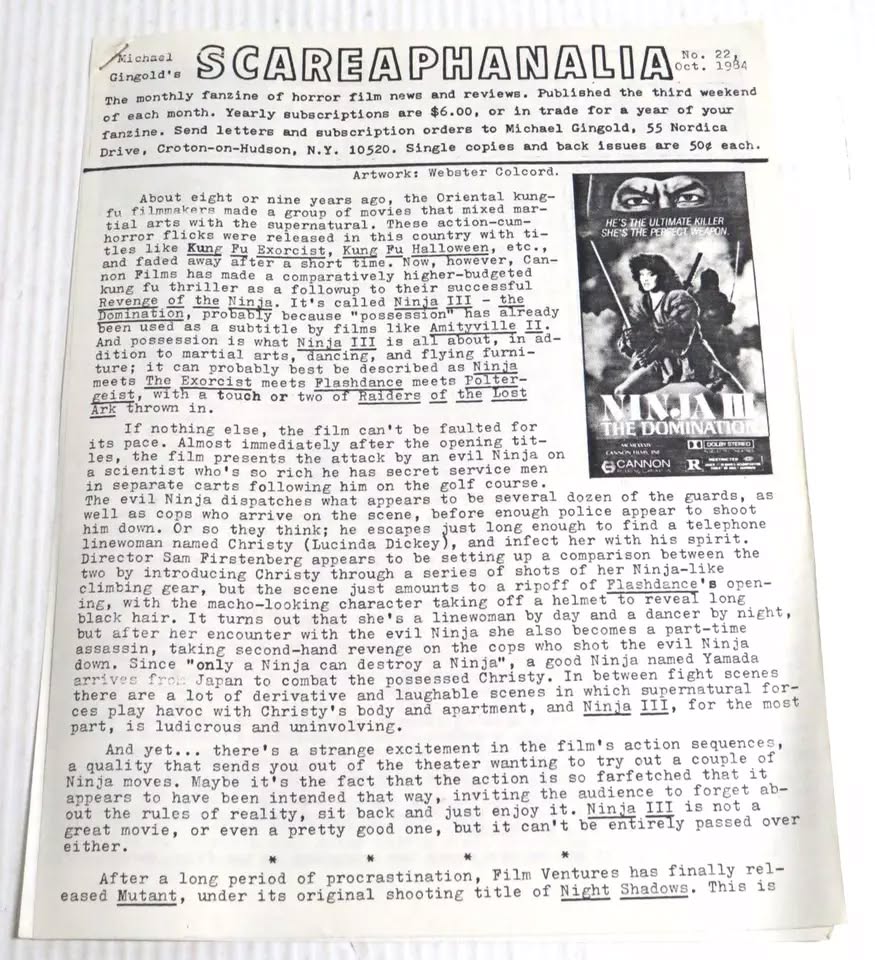 SCAREAPHANALIA magazine side cover Issue 22  October 1984