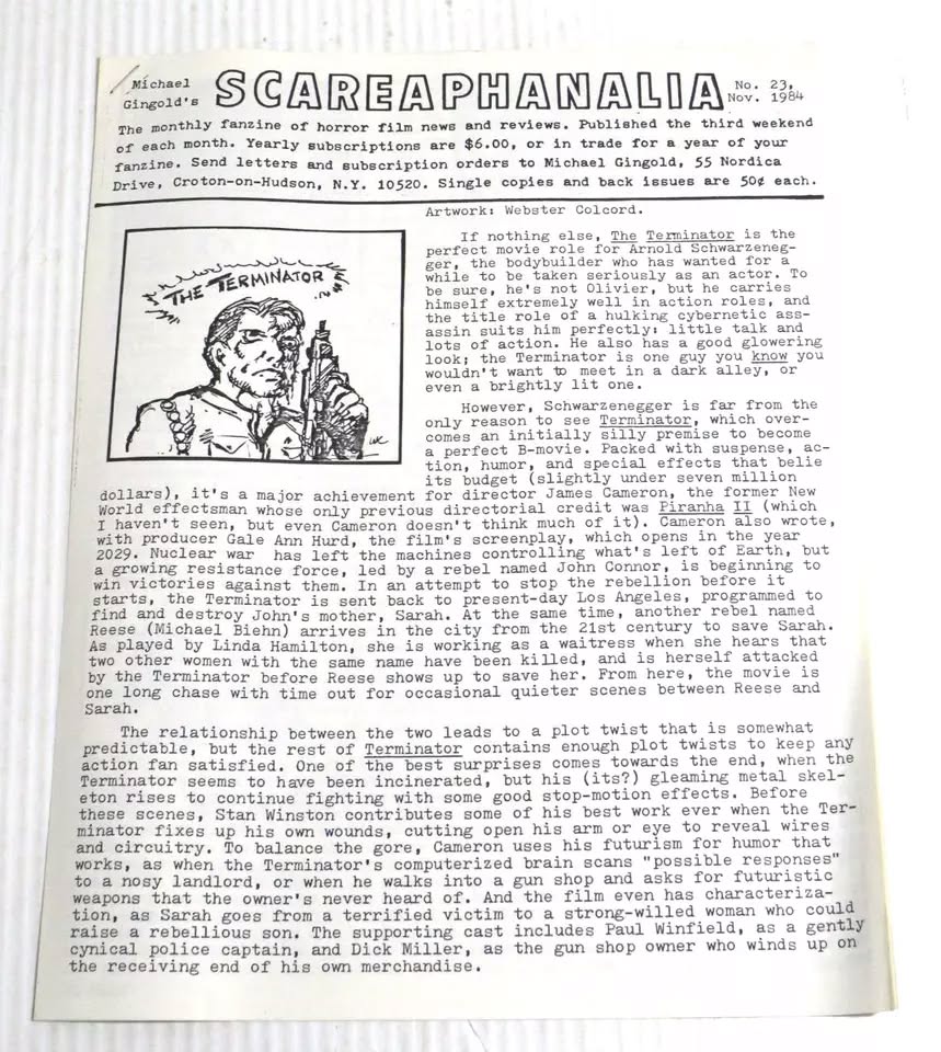 SCAREAPHANALIA magazine side cover Issue 23  November 1984