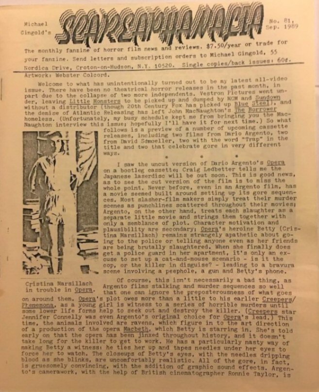SCAREAPHANALIA magazine side cover Issue 81  September 1989