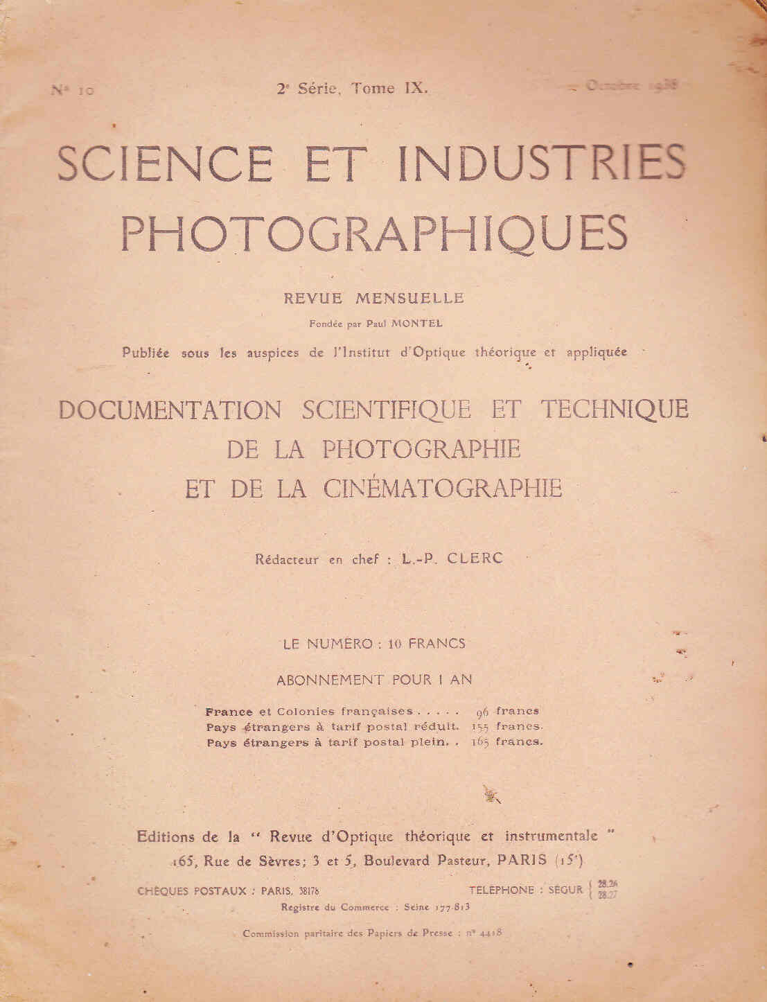 SCIENCE ET INDUSTRIES PHOTOGRAPHIQUES magazine side cover October 1938