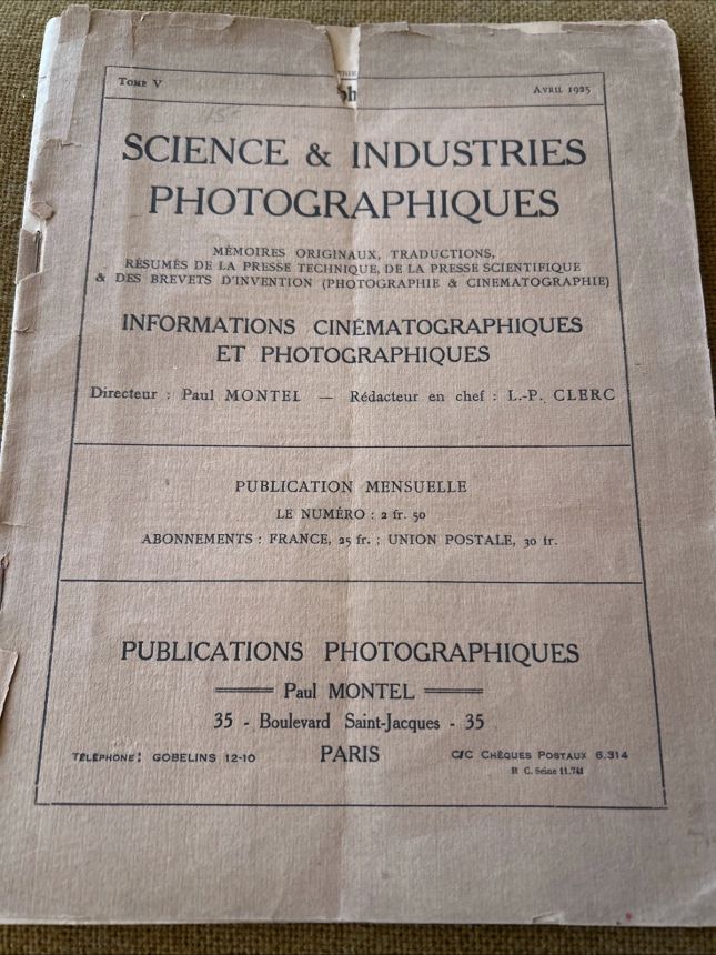 SCIENCE ET INDUSTRIES PHOTOGRAPHIQUES magazine side cover  April 1925