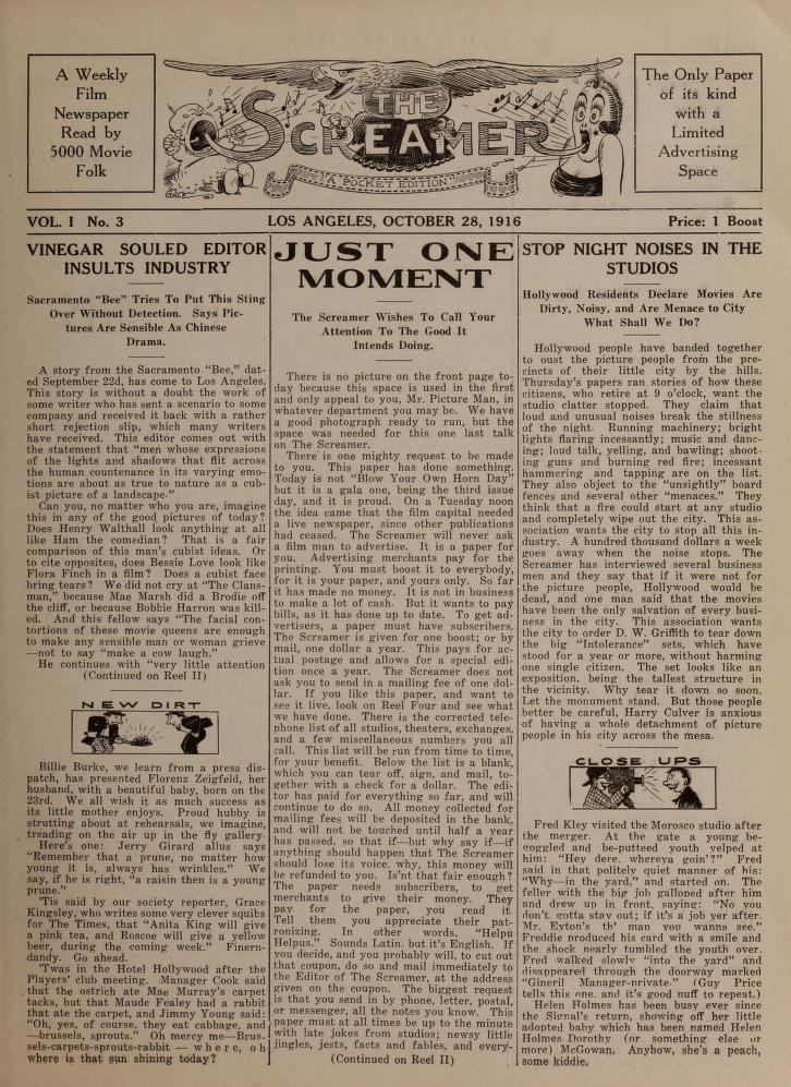 SCREAMER magazine side cover Issue 3 28 October 1916