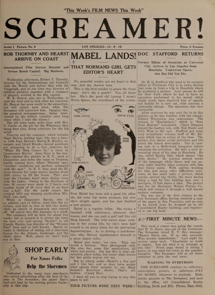 SCREAMER magazine side cover Issue 9 9 December 1916