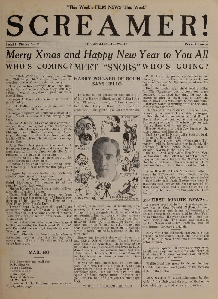 SCREAMER magazine side cover Issue 11 23 December 1916