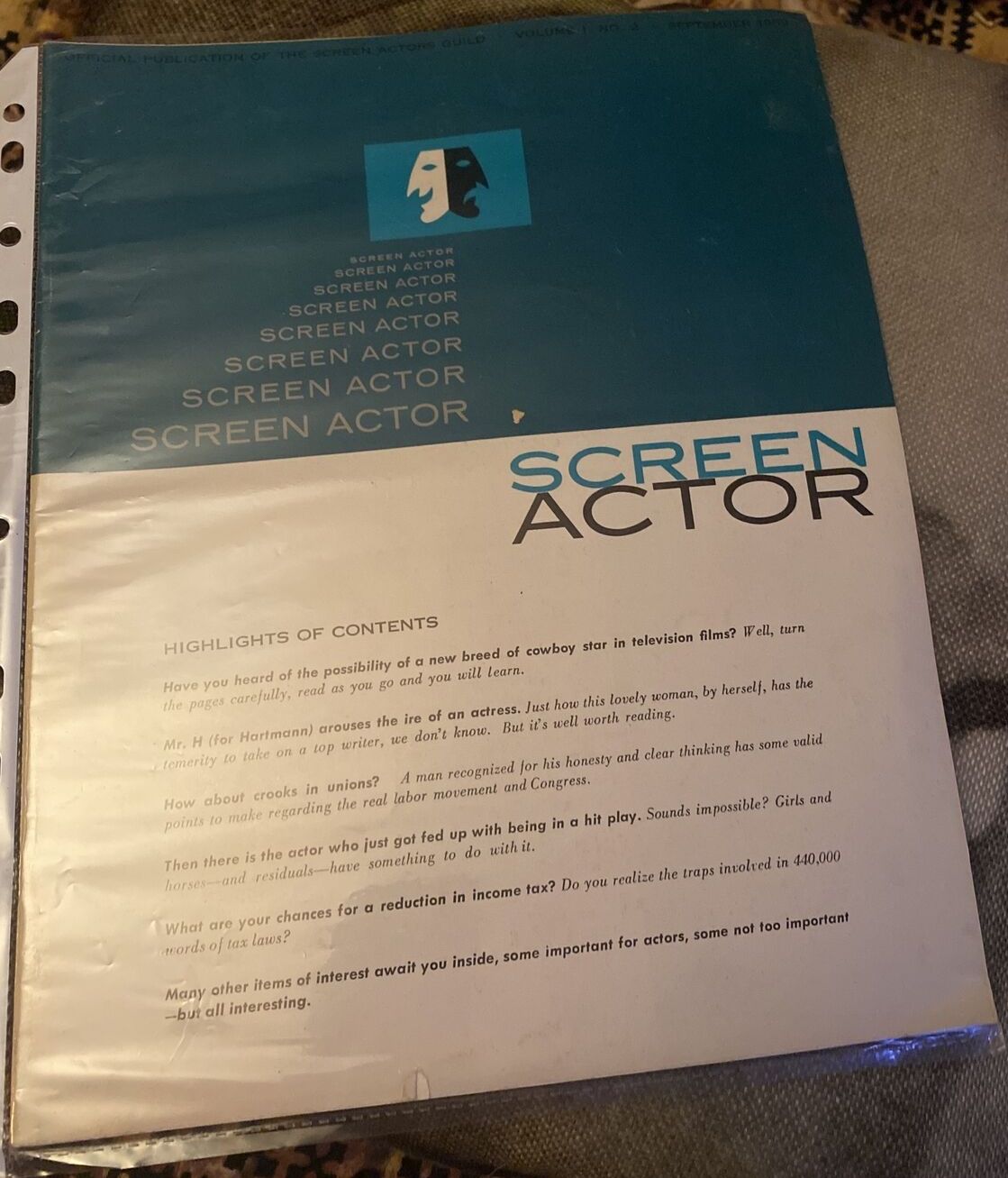 SCREEN ACTOR magazine side cover  Vol 1 No  2  September 1959