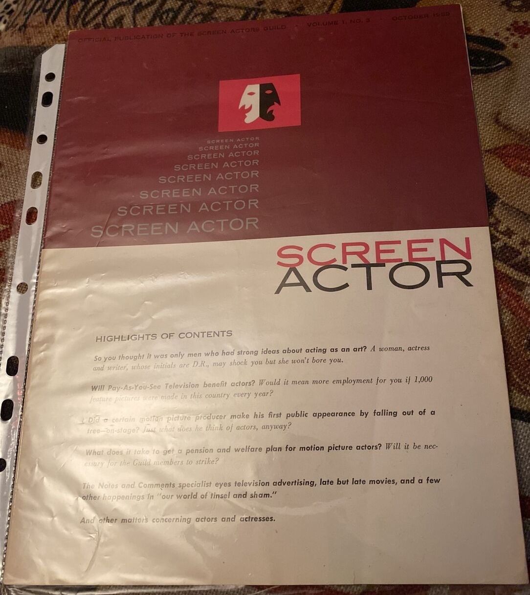 SCREEN ACTOR magazine side cover  Vol 1 No  3  October 1959