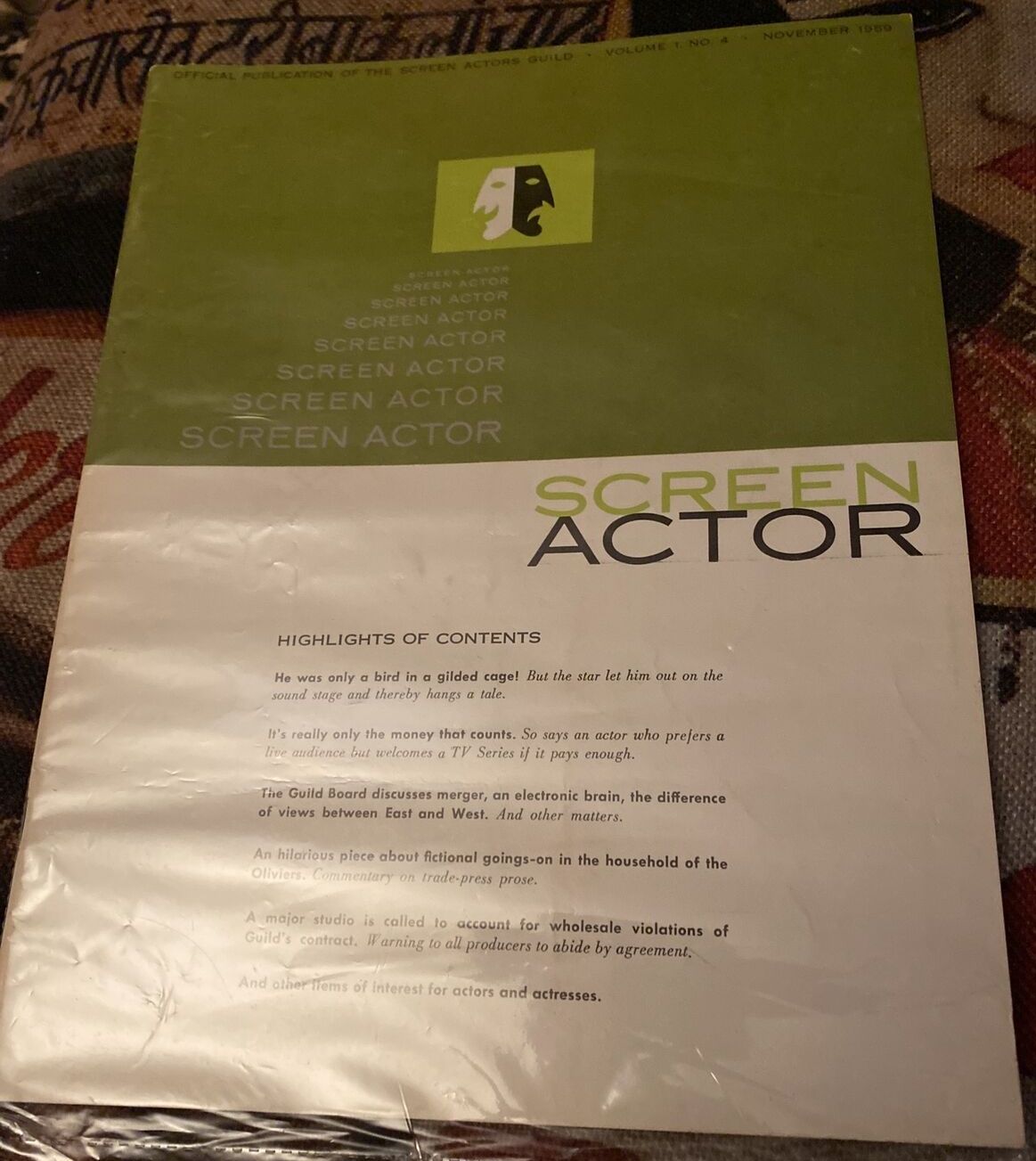 SCREEN ACTOR magazine side cover  Vol 1 No  4  November 1959