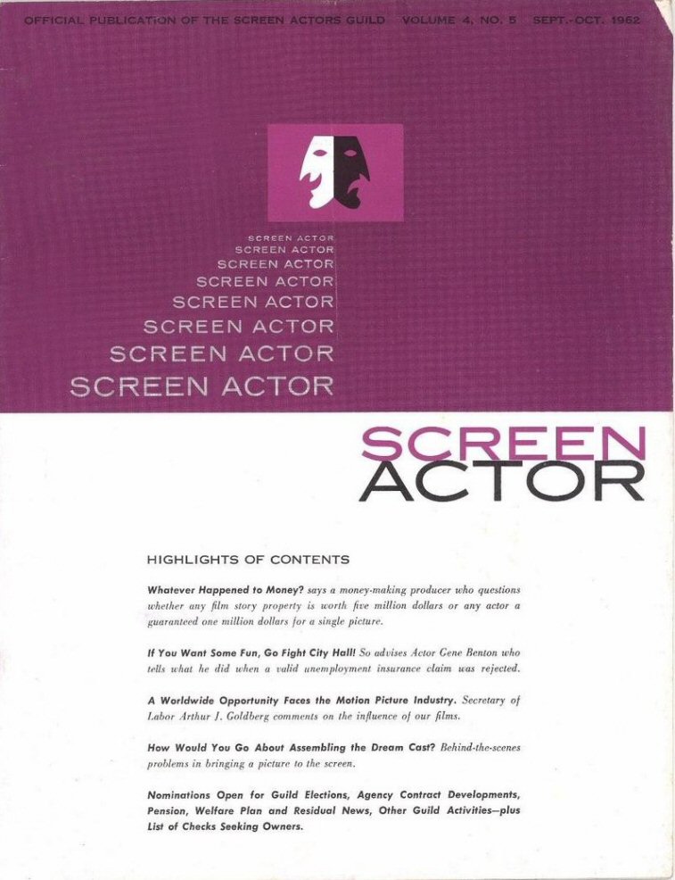 SCREEN ACTOR magazine side cover  Vol 4 No 5  September/October 1962