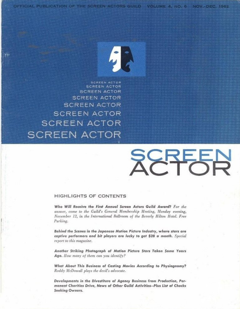 SCREEN ACTOR magazine side cover  Vol 4 No 6  November/December 1962